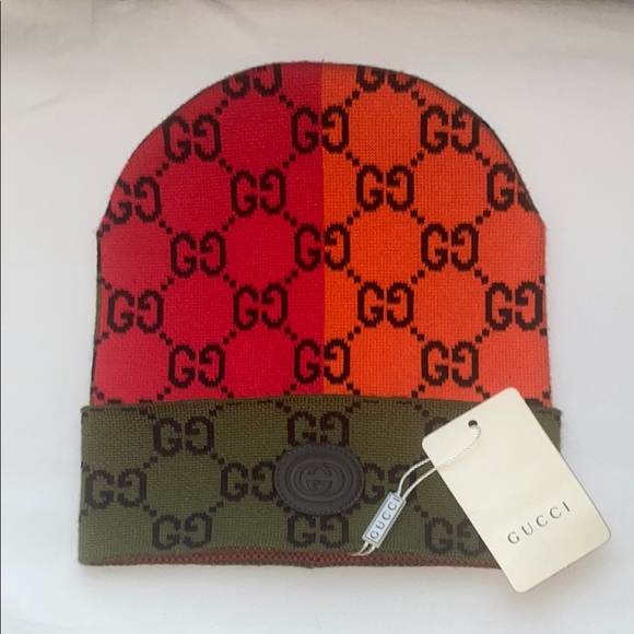 Gucci Accessories - Gucci Red and Orange Beanie with Green Trim
